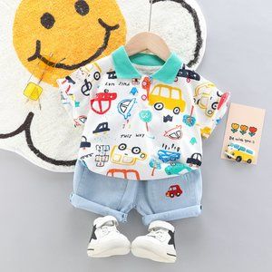 Baby Boys Cute Cartoon Car Lapel Short Sleeve T-Shirt And Denim Shorts Set